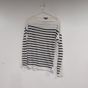 Vince 100% Linen Striped Sweater with Side Slits White Navy Blue Size Small